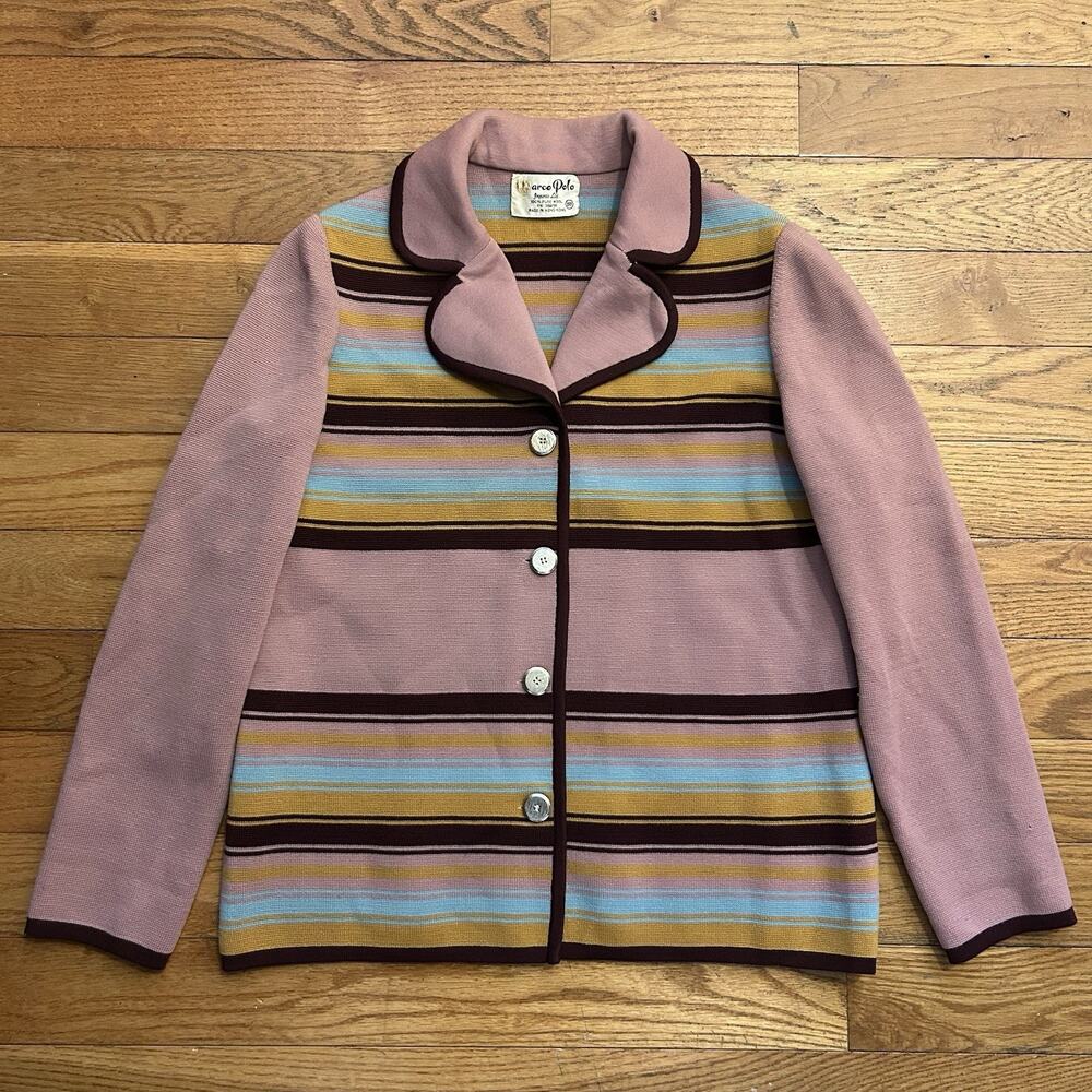 Vintage 60s 70s Marco Polo 100% Wool Pink Striped Chore Jacket Womens Medium